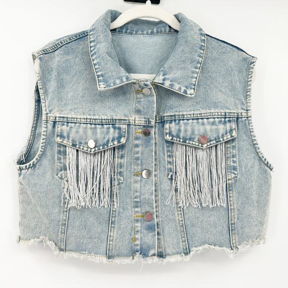 Womens Western Cowgirl Fringe Pocket Button Up Cropped Denim Vest‎ Jacket Large - Picture 1 of 6